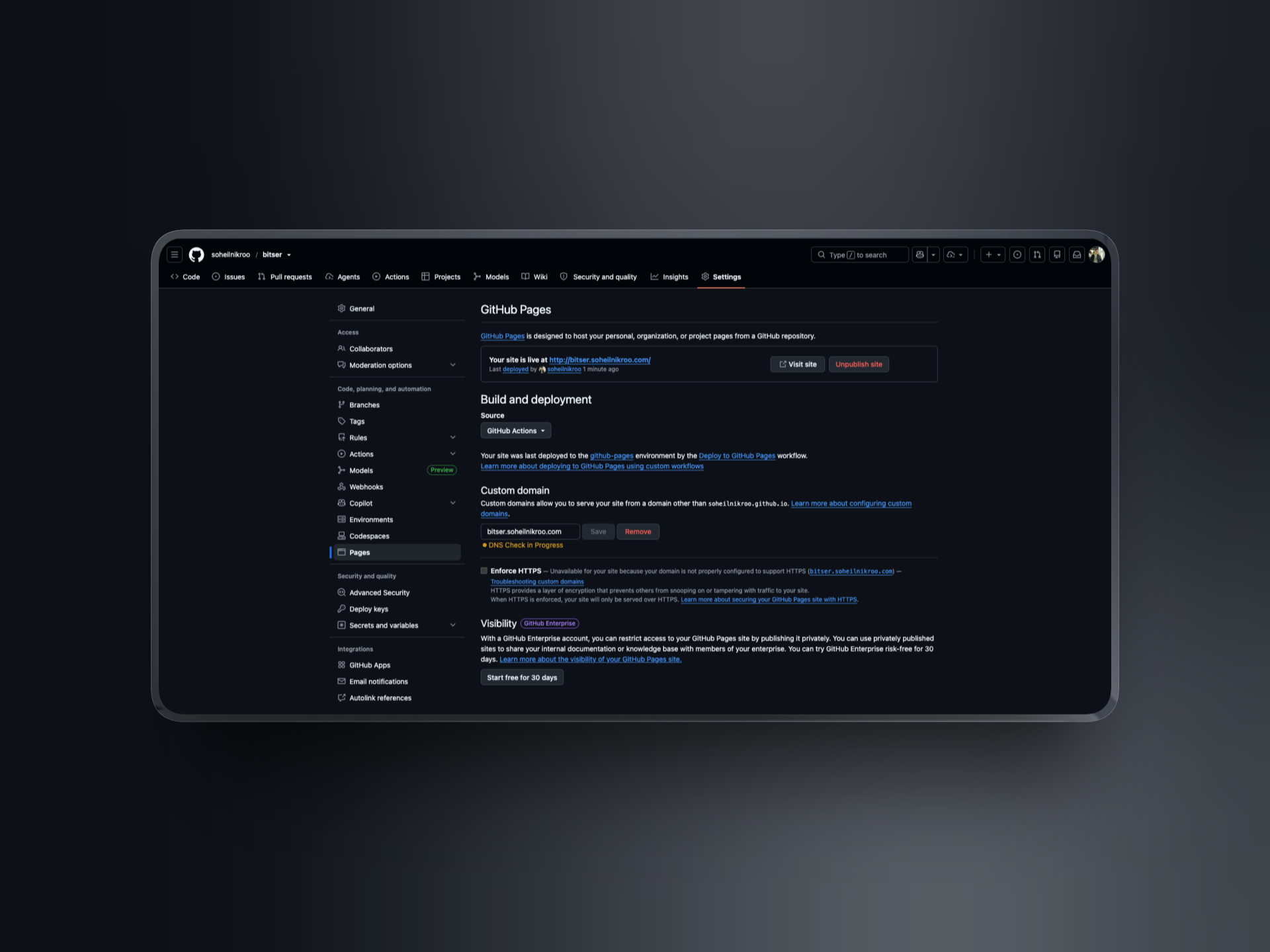 GitHub Pages settings — choose GitHub Actions as the source